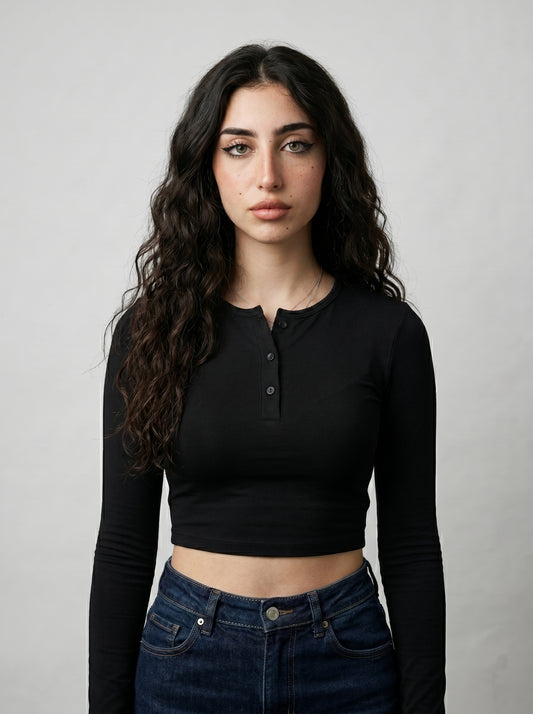 Long Sleeve Henley Top (Cropped)