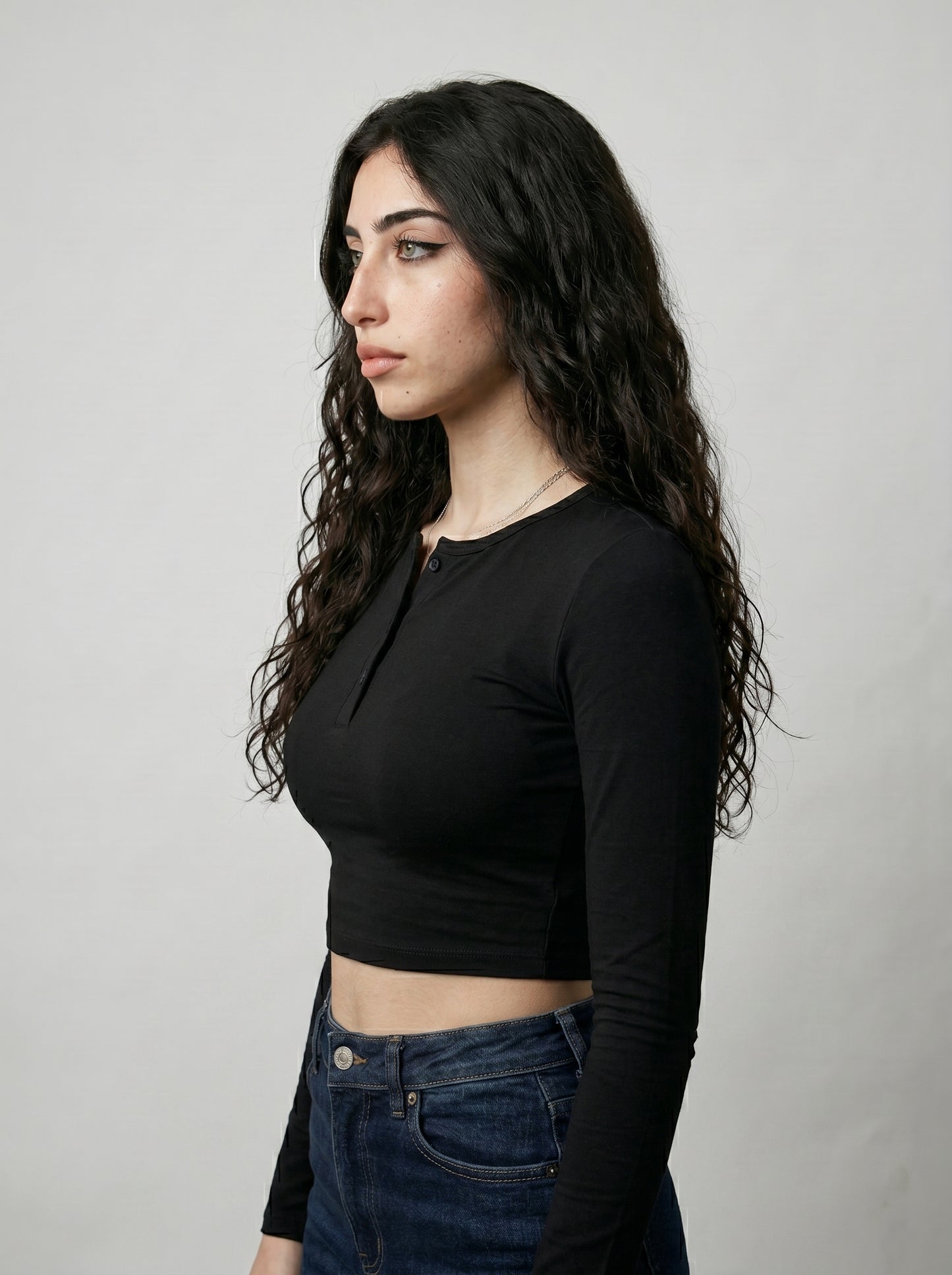 Long Sleeve Henley Top (Cropped)
